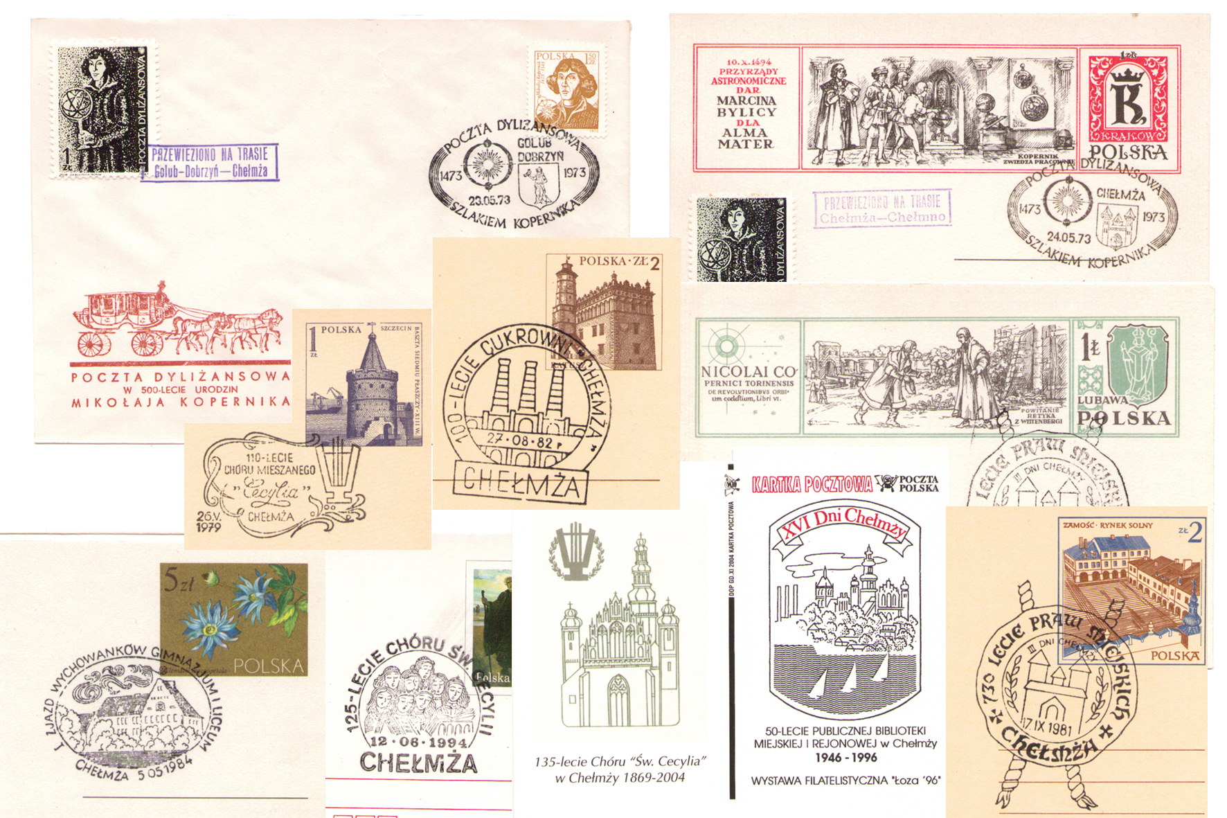 compilation of Chelmza postmarked cards